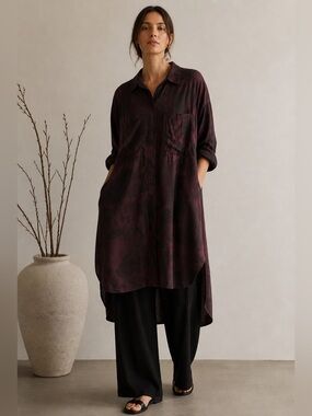 GRIZAS Bamboo Silk Shirt Dress Sz L | Oversized Pocket Tunic